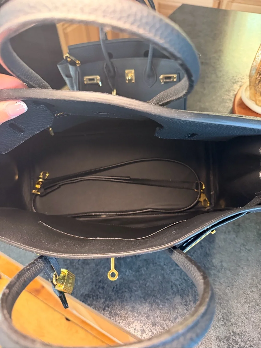 Black Leather Satchel Handbag with Gold Hardware